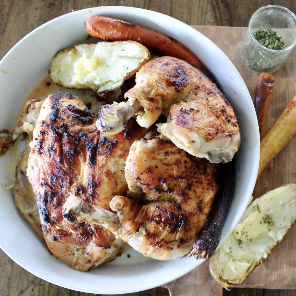 Bowl of roasted chicken and veggies